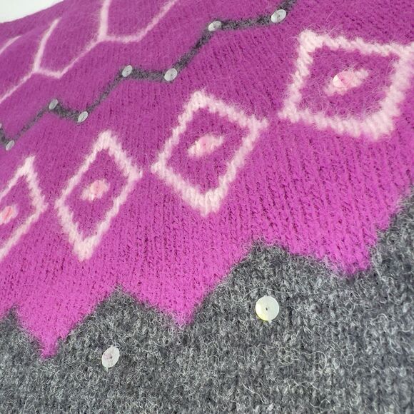 Vtg Wool & Angora Fair Isle Sweater Sz PS Pink Charcoal Gray Sequins Ultra‎ Soft - Picture 6 of 14